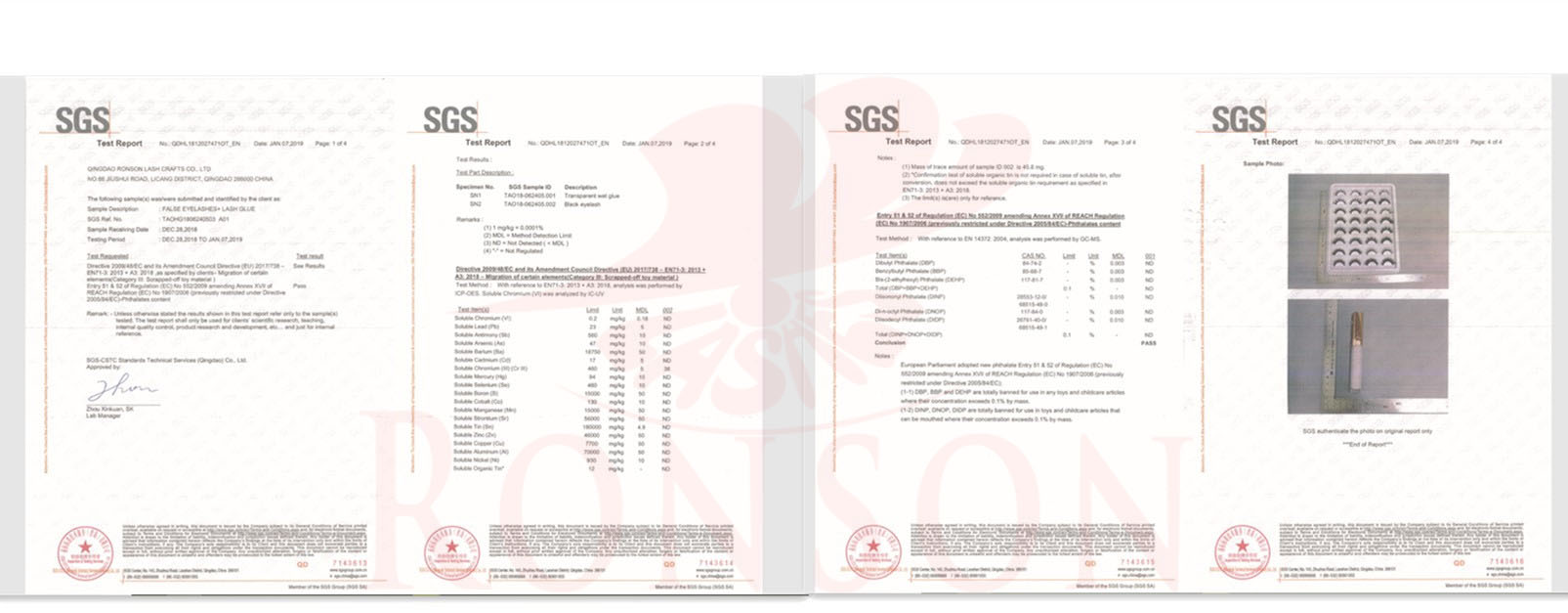 Lash and glue SGS testing reports